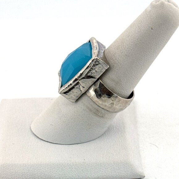 Estate Sterling Silver 925 Hammered Band Blue Rectangular Gemstone Ring Size 8 - Picture 4 of 8